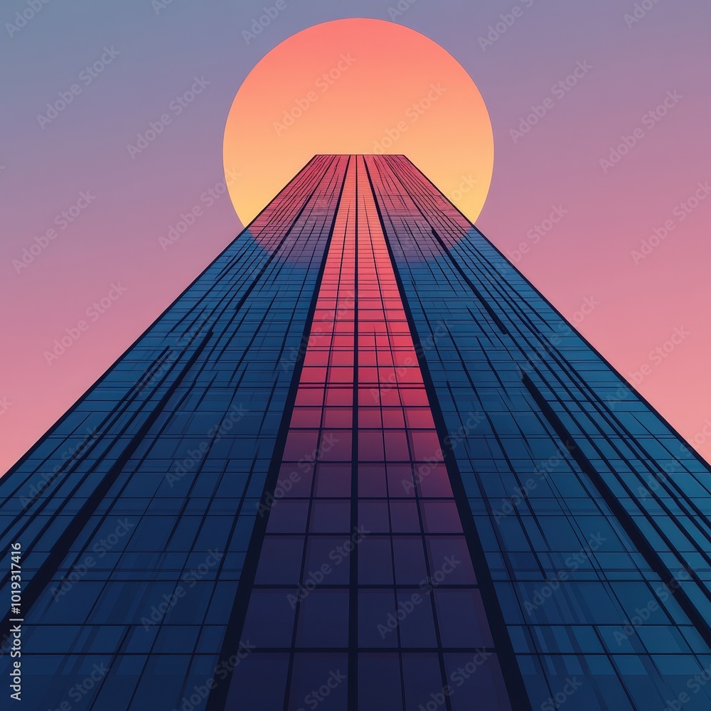 Poster modern abstract skyscraper in minimalistic retro style illustration with playful colors and sunset r