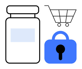 Black and white medicine bottle next to a shopping cart and blue lock. Ideal for online pharmacy, e-commerce safety, medicine purchase, digital security, and healthcare access themes. Minimalist