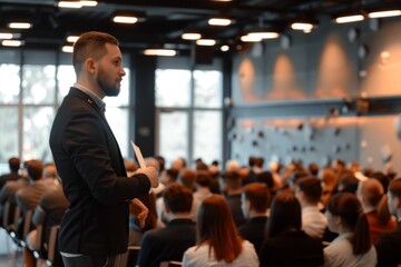 Fototapeta premium Corporate training session with expert addressing a room