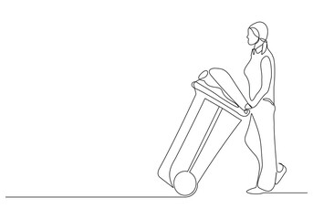 Continuous single line sketch drawing of woman holding pushing rubbish bin garbage plastic box container trash can one line editable vector illustration