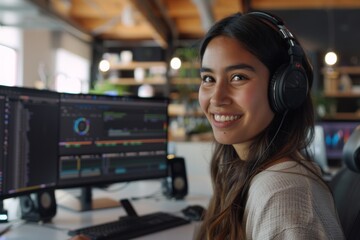 Portrait of a smiling young hispanic female IT support worker in startup company office