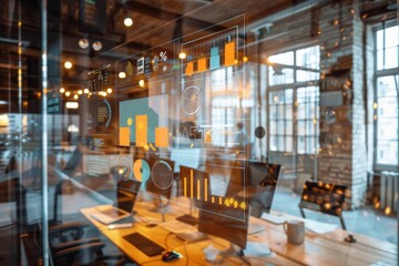Sophisticated office environment with transparent screen showing swot analysis