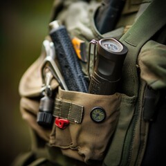 Tactical Gear with Tools and Flashlight in Pocket