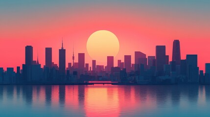 Fototapeta premium Futuristic Minimalist Cityscape at Sunset - Anime Style Vector Illustration with Modern Architecture and Surreal Elements