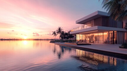 Obraz premium Modern Waterfront Villa at Sunset