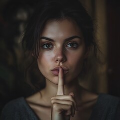 Naklejka premium A woman with a finger on her lips, signaling silence or secrecy in a dimly lit environment.