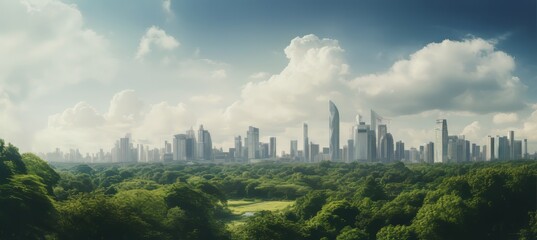Obraz premium Aerial view of a vibrant urban skyline surrounded by lush green parks
