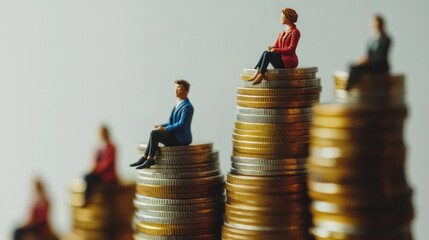 Miniature businessman and entrepreneur wearing suit sitting on stack of coins arranged with blur background in office room as light enters cinematic and dramatic