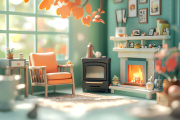 Relaxing by a cozy fireplace, charming atmosphere with vintage decor, 3D illustration