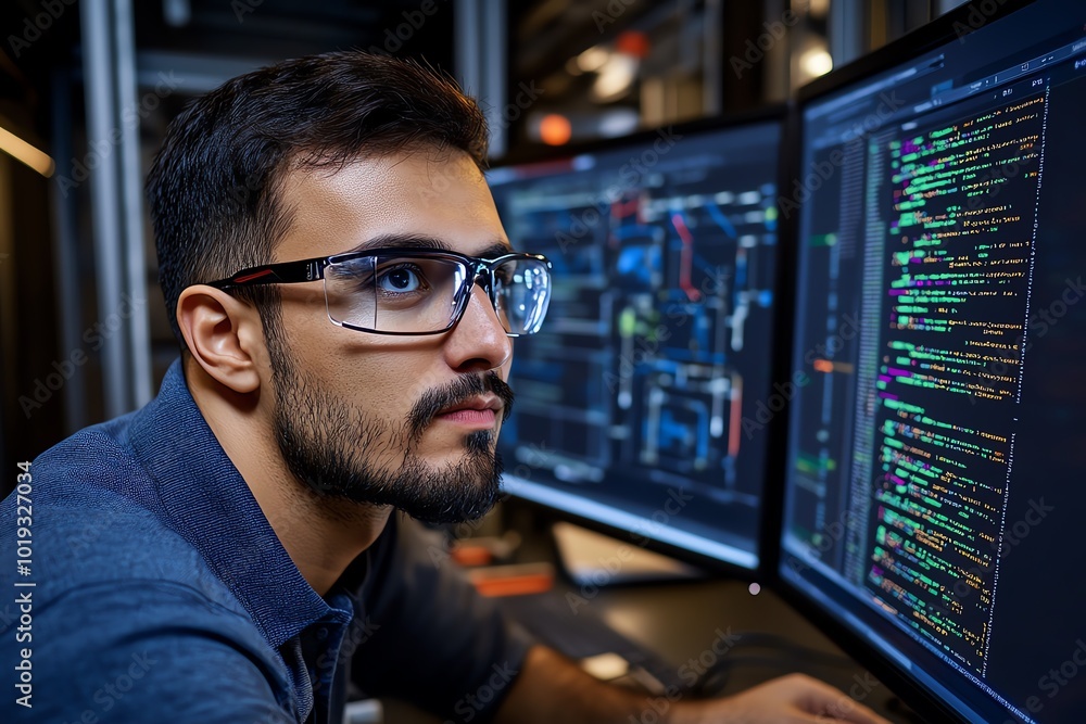 Leinwandbilder An engineer reverse engineering a piece of software, analyzing code on one screen while testing various functionalities on another