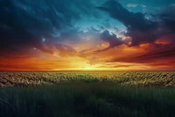 Beautiful sunset over a golden wheat field under a vibrant sky