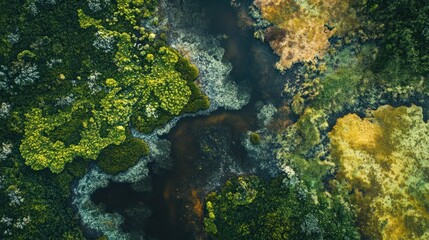 Aerial View of Lush Green and Yellow Mossy Landscape