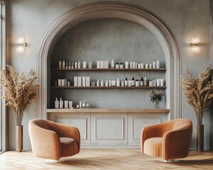 Elegant interior with cozy chairs and curated shelf display.