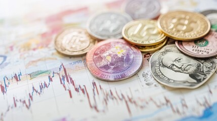 Coins and Currency on Financial Graph Background