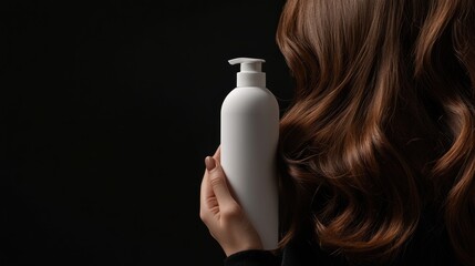 White shampoo bottle is held by the woman's hand, with the black background of her blonde hair in front of her face being the main focus. Plain product for mockup