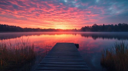 Sunrise Over Calm Lake with Wooden Dock
