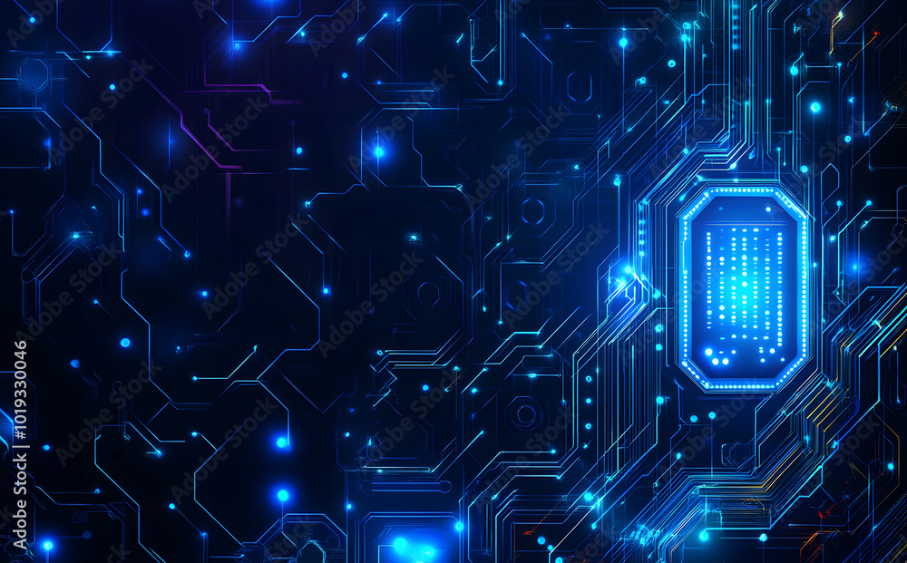 Poster a glowing blue chip with circuit patterns on it, floats over black and white circuits design, symbol