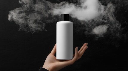 White shampoo bottle is held by the woman's hand, with the black background of her blonde hair in front of her face being the main focus. Plain product for mockup
