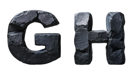 D Letters G H Black Stone Rock Alphabet Isolated on White