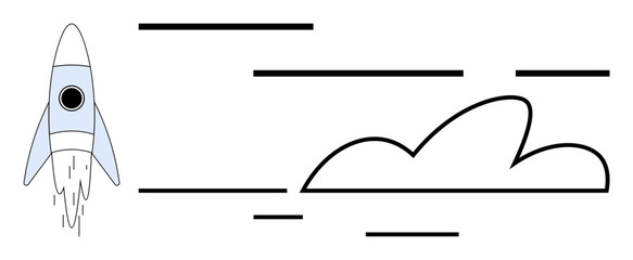 Rocket with smoke trails, beside a cloud and motion lines suggesting speed. Ideal for technology, innovation, progress, space exploration, startups. Modern minimalist style