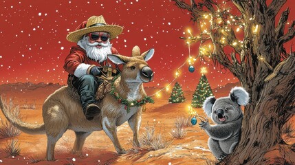 Santa in Australian Outback: Jolly Ride on Kangaroo with Koala Decorating Holiday Tree Under Starry Night