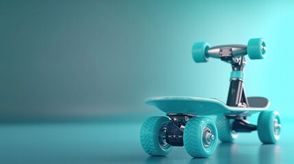 Vibrant Skateboard Gliding Through Futuristic Teal Gradient Background with Dynamic Motion and Urban City Vibe