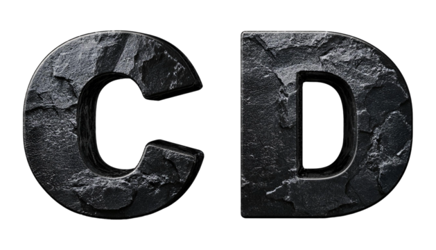 D Letters C D Black Stone Rock Alphabet Isolated on White