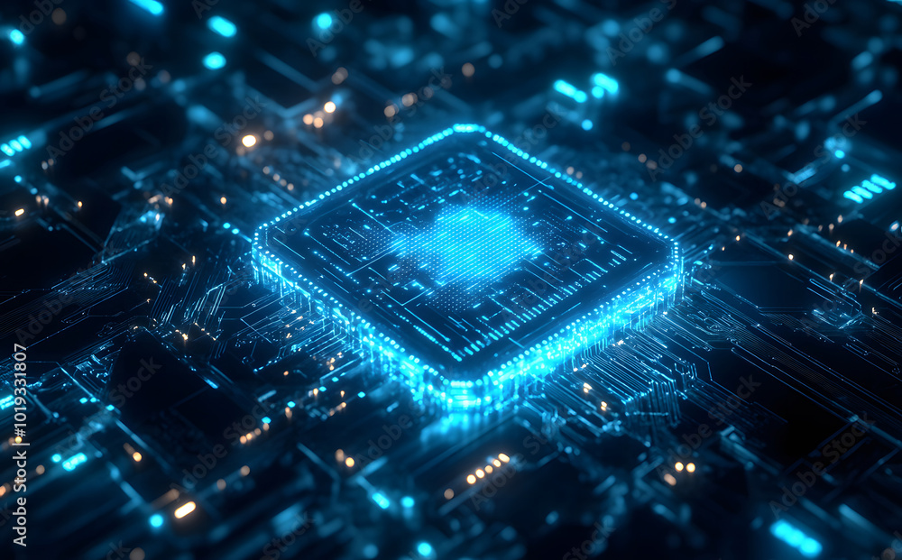 Poster a glowing blue chip with circuit patterns on it, floats over black and white circuits design, symbol