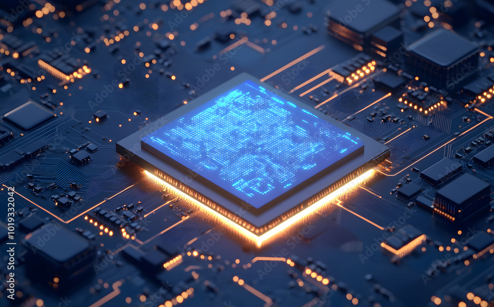 Poster a glowing blue chip with circuit patterns on it, floats over black and white circuits design, symbol