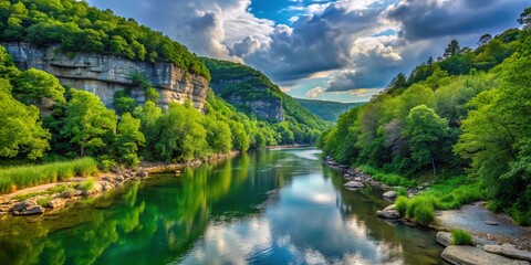 Fototapeta premium Scenic Views of Buffalo River Surrounded by Lush Greenery and Rocky Landscapes in Nature's Splendor