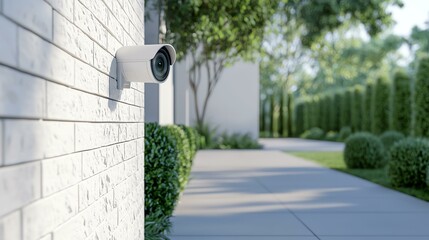 Modern outdoor security camera mounted on a white brick wall, capturing footage of a serene garden path on a sunny day.