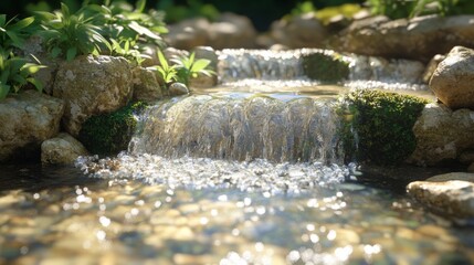 Fototapeta premium A Small Waterfall Flows Over Rocks and Green Foliage