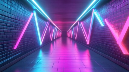 Neon-lit Brick Tunnel with Pink and Blue Lights