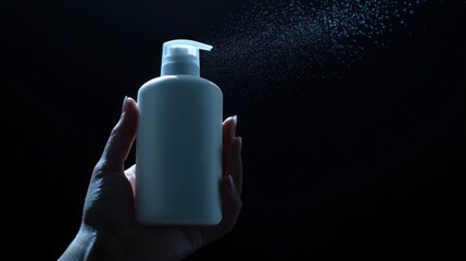 Woman's hand holding white plastic shampoo bottle with pump on black background, creating cinematic effect for advertisement and object becomes focal point