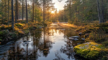 Obraz premium Sunrise over a Forest Stream