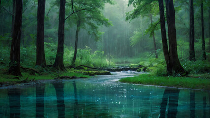 Obraz premium Rain in a forest, relaxing , quiet and serene atmosphere