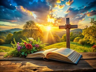Serene and Inspiring Christian Imagery Featuring Cross, Bible, Nature, and Spiritual Elements in Harmony