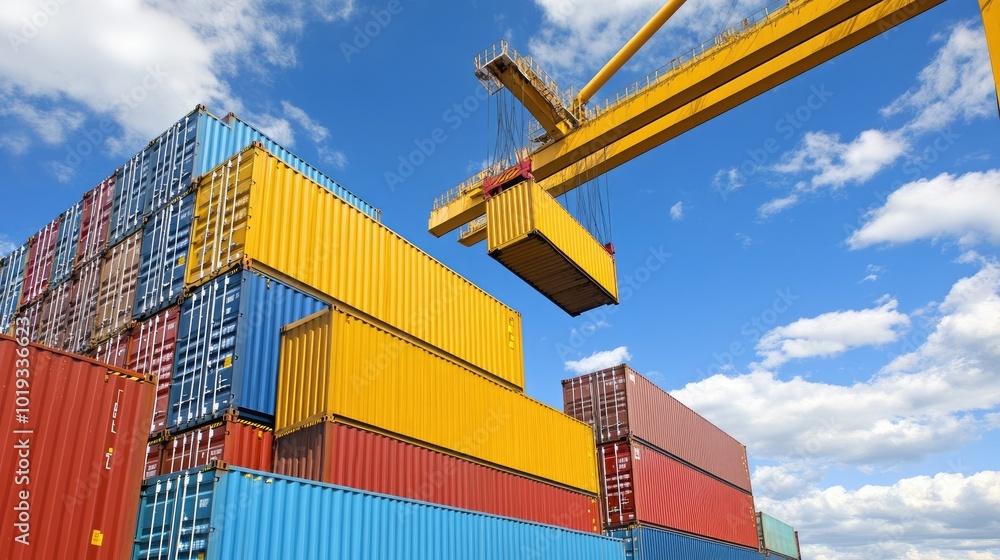 Wall mural crane lifting container over colorful shipping stacks