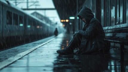 Obraz premium Lonely Figure in the Rain