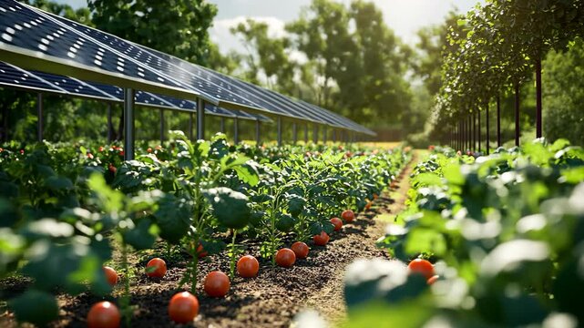 A field of tomato plants grows under rows of solar panels on a sunny day