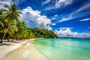 Serene Boracay Beach in the Philippines with White Sand and Clear Turquoise Waters Under Blue Sky