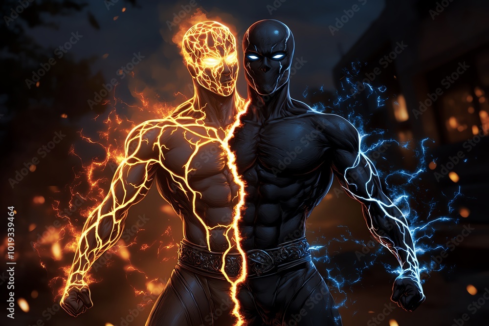 Poster Fantasy artwork of a hero split into two versions of themselves, one glowing with divine light and the other surrounded by dark magic, representing the dualism of good and evil