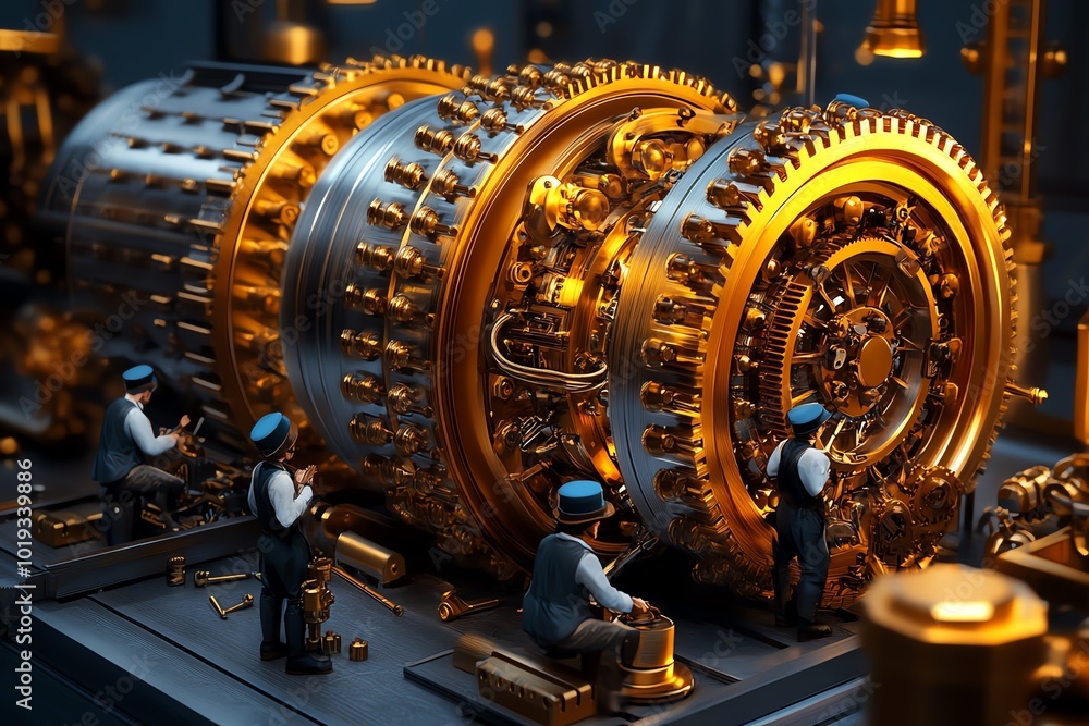 Poster fantasy artwork of a steampunk-inspired reverse engineering workshop, with engineers working on intr