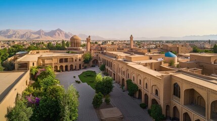 Fototapeta premium Aerial view of a traditional courtyard in a desert city, with a mosque and a minaret visible in the background.