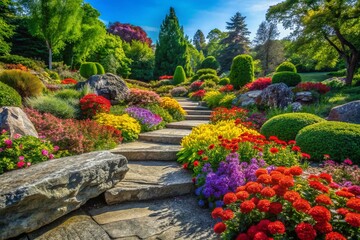 Serene Granite Gardens with Lush Greenery and Vibrant Flowers in a Peaceful Outdoor Setting