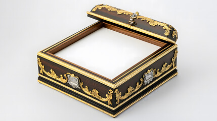 A rectangular wooden photo frame with gold trim, featuring a hinged lid and a blank white canvas inside the picture area design. The base of the box is black wood design,