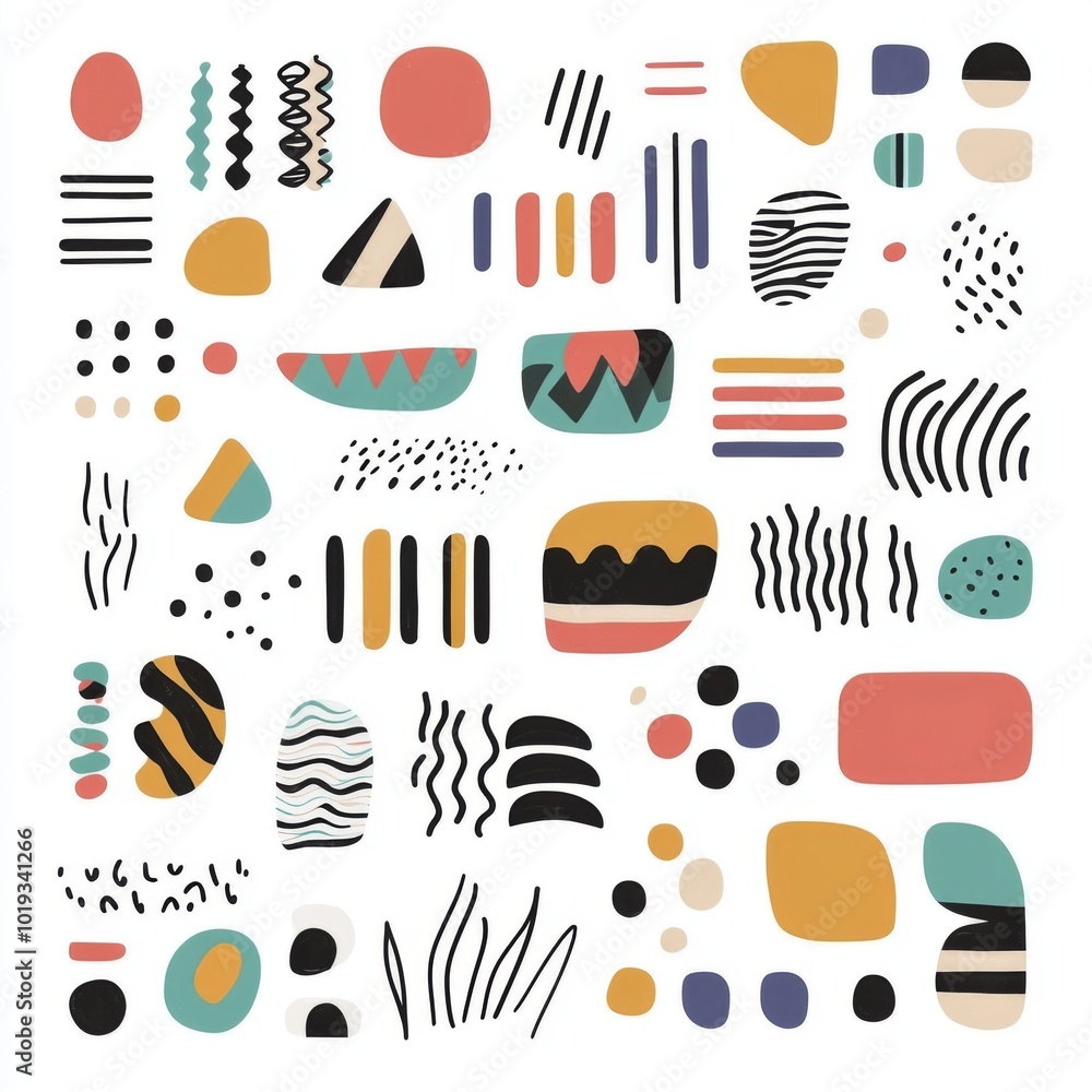 Poster collection of abstract shapes and patterns in various colors.