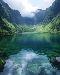 Tranquil mountain lake nestled in a lush valley, surrounded by mist-covered peaks.