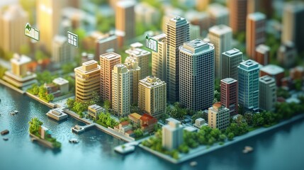 Obraz premium Rising Real Estate Values: 3D Visualization of Financial Growth and Investment Strategies in Urban Landscape