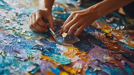 64. A close-up of hands creating art from recycled materials